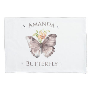 Custom text Cute purple butterfly Watercolor art Pillow Case