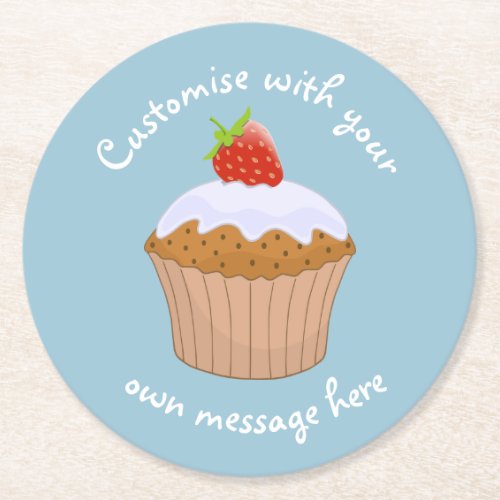 Custom Text Cute Strawberry Bun Blue Round Paper Coaster