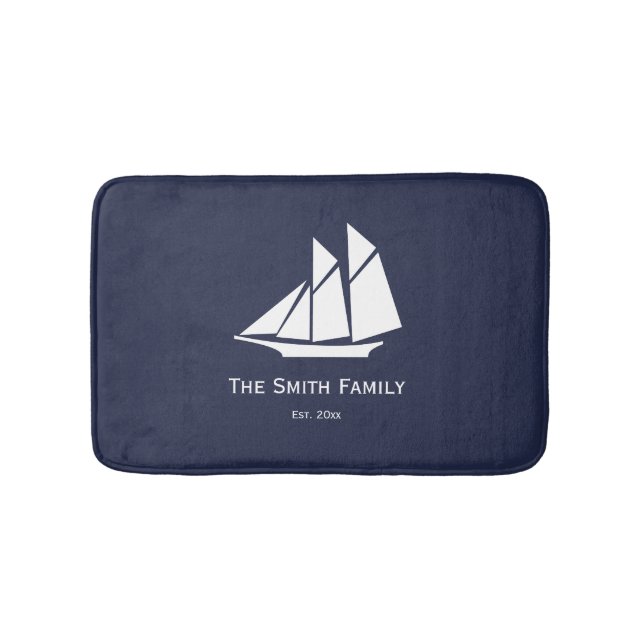 Custom Text Dark Blue and White Nautical Bath Mat (Front)