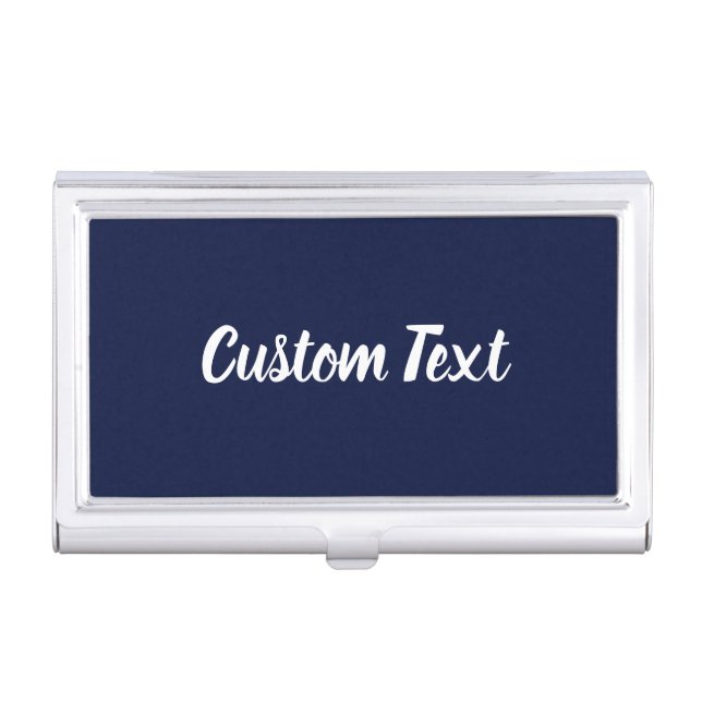 Custom Text Dark Blue and White Script Business Card Case (Front)