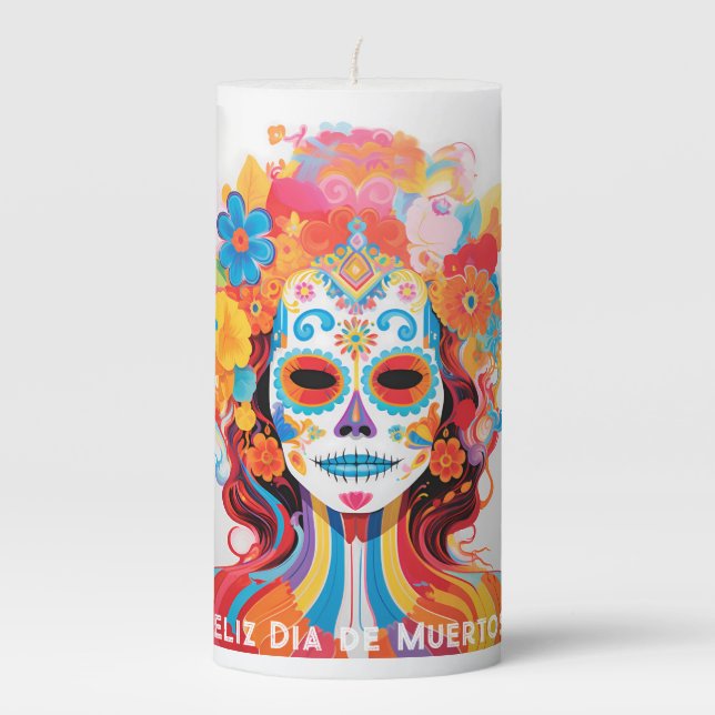 Custom text Dia de Muertos La Calavera Catrina  Pillar Candle (Front)