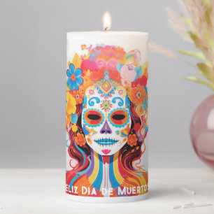 Custom text Dia de Muertos La Calavera Catrina Pillar Candle