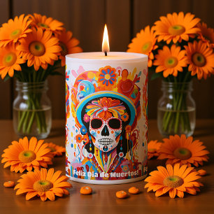 Custom text Dia de Muertos La Calavera Catrina Pillar Candle