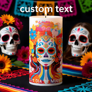 Custom text Dia de Muertos La Calavera Catrina  Pillar Candle