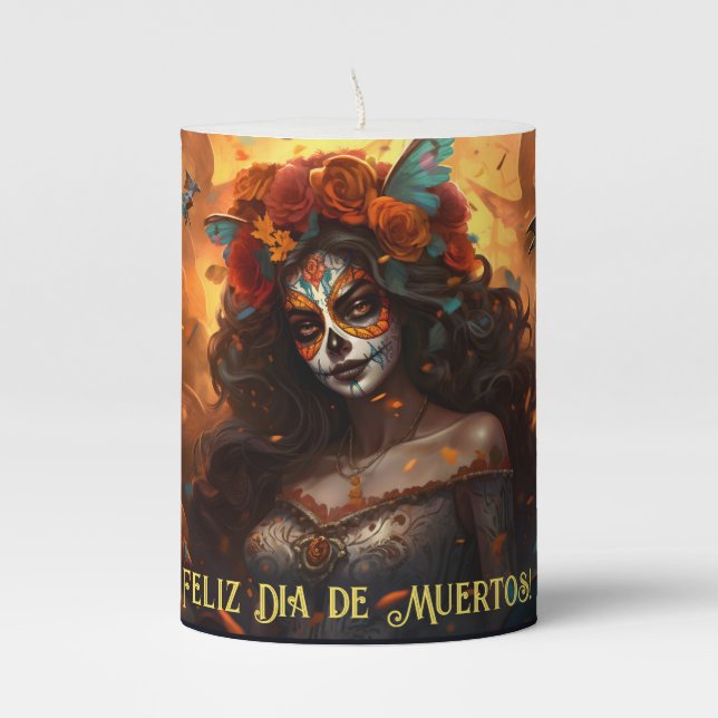 Custom text Dia de Muertos La Calavera Garbancera Pillar Candle (Front)