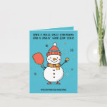 Custom text Dinking Snowman Holiday Card<br><div class="desc">Introducing the “Dinking Snowman Folded Greeting Card”! This festive Folded greeting card features a cheerful snowman dressed in a red and white Santa hat, holding a brown broom and sporting an orange carrot nose. Surrounded by delicate snowflakes on a blue background, the snowman brings a touch of whimsy and joy...</div>