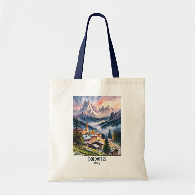 Custom Text Dolomites Italy Landscape Watercolor Tote Bag (Front)