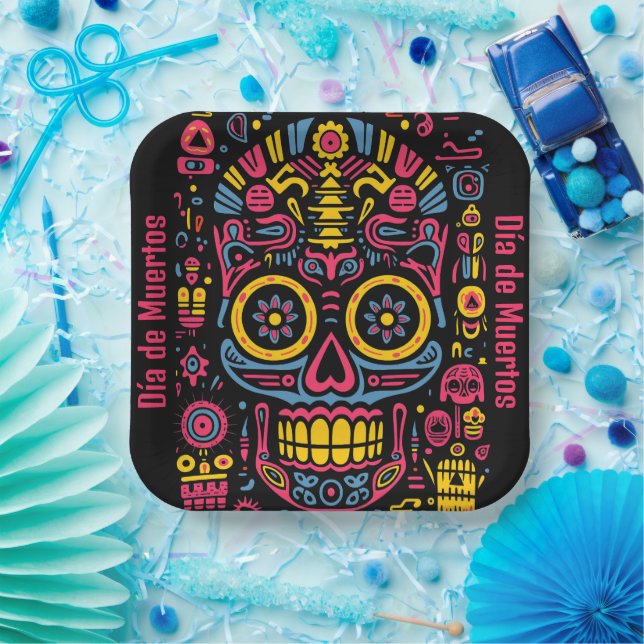 Custom text 💀  doodle style Día de Muertos Paper Plates (Party)