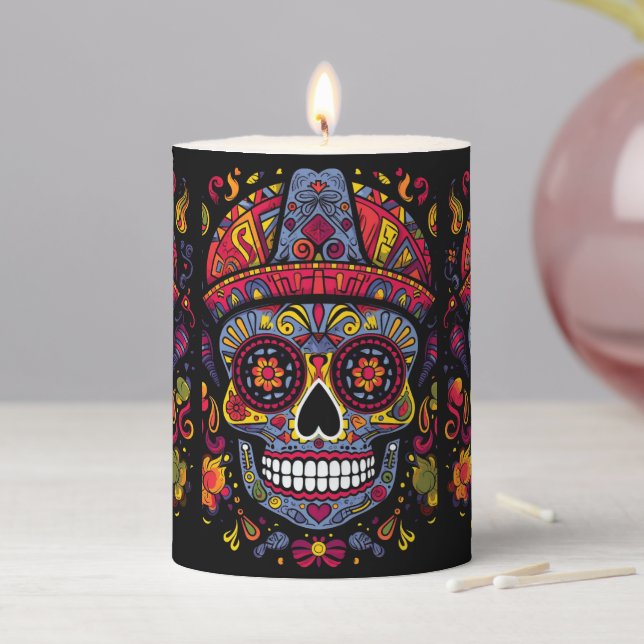Custom text 💀  doodle style Día de Muertos Pillar Candle (In Situ)