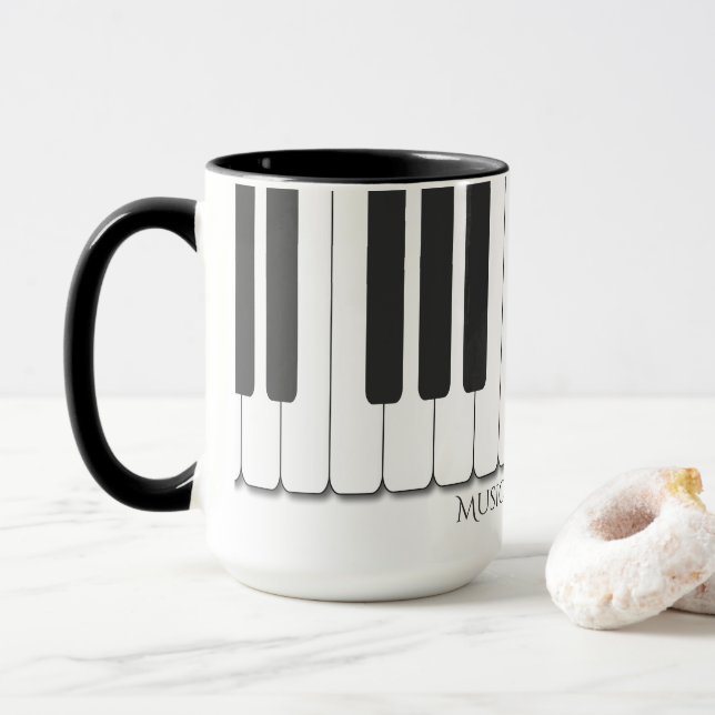 Custom text ebony & ivory piano keys design mug (With Donut)