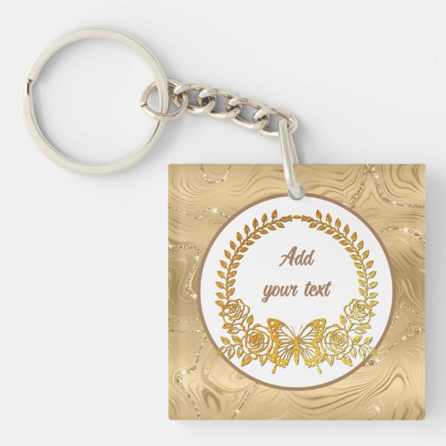 Custom Text, Elegant Gold Butterfly and Flower Keychain (Front)