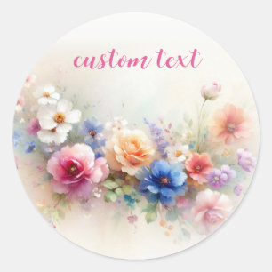 Custom Text Elegant Watercolor Flowers Template Classic Round Sticker