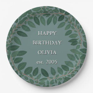 Custom text eucalyptus Frame – retro blue Paper Plates