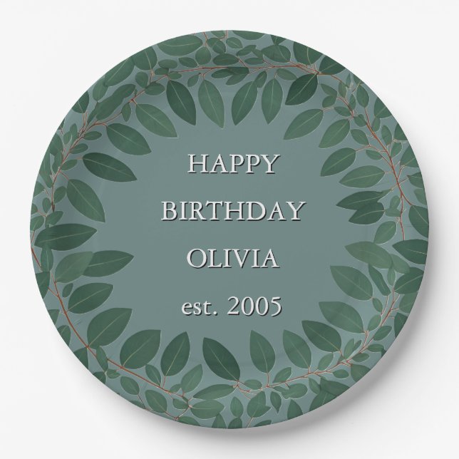 Custom text eucalyptus Frame – retro blue Paper Plates (Front)