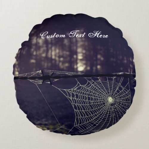 Custom Text Fall Spooky Forest Creepy Spider Web Round Pillow