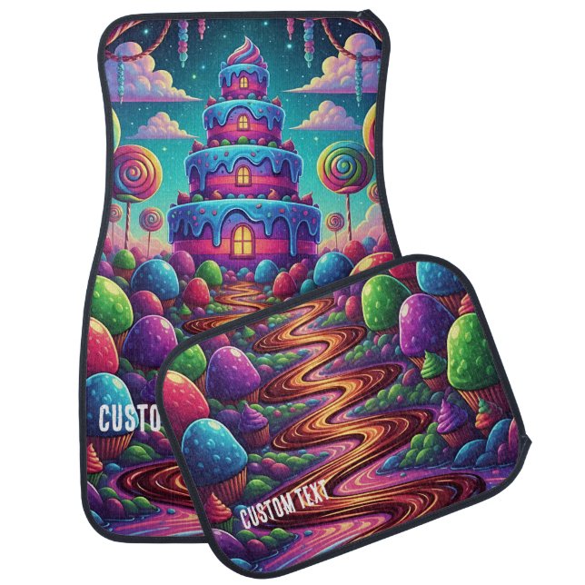 Custom Text Fantasy Candy Cake Dessert Landscape Car Floor Mat (Set)