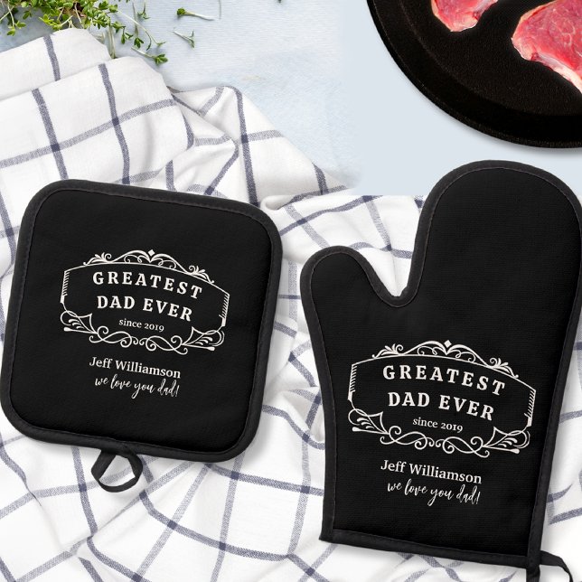 Custom Text, Father's Day Gift, Black and White Oven Mitt & Pot Holder Set (Creator Uploaded)