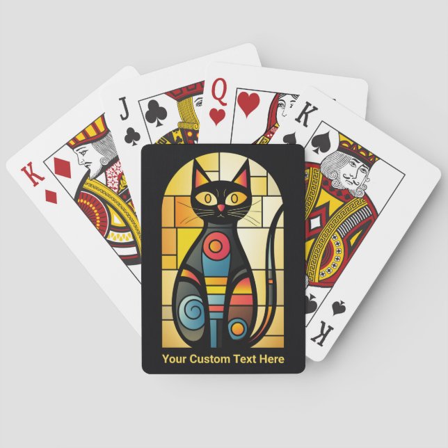 Custom Text Faux Stained Glass Cat Poker Cards (Back)