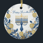 Custom text Festival of Lights Harmony Ceramic Ornament<br><div class="desc">This exquisite Hanukkah ceramic circle ornament, named “Festival of Lights Harmony, ” is a perfect addition to your holiday decor. It features a beautifully crafted Star of David in a stained glass style with rich hues of blue, gold, and brown, creating an elegant mosaic effect. In the center, bold white...</div>