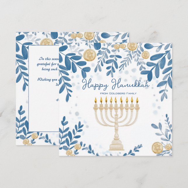 Custom text Festive Foliage Hanukkah Holiday Card (Front/Back)