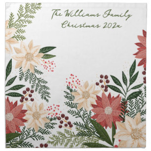 Custom Text Festive Poinsettia Christmas Holiday Cloth Napkin