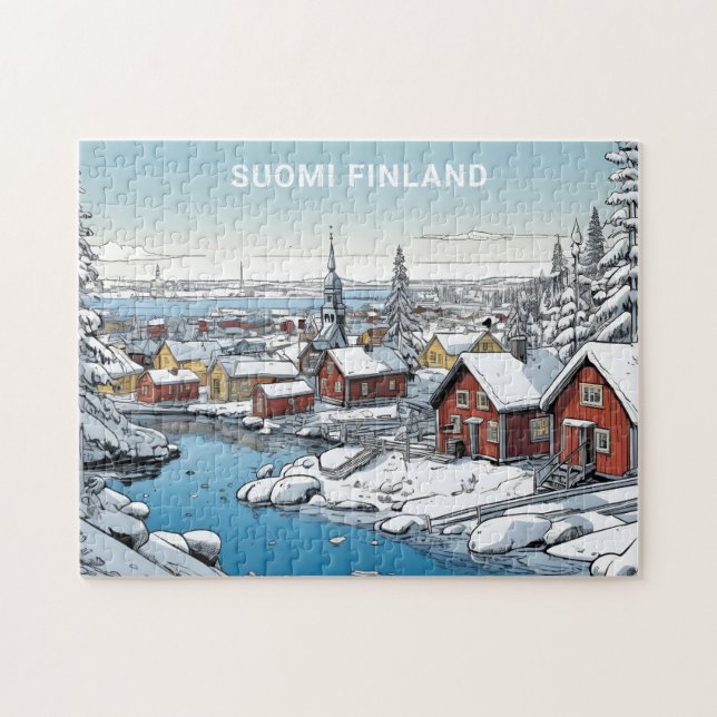 Custom Text Finland Winter Illustration Jigsaw Puzzle (Horizontal)