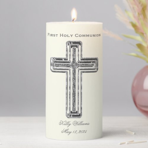 Custom Text First Holy Communion Silver Cross Pillar Candle