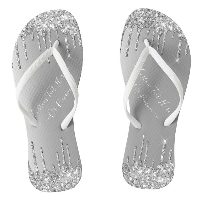 Custom Text Flip Flops Silver Glitter Drips (Footbed)