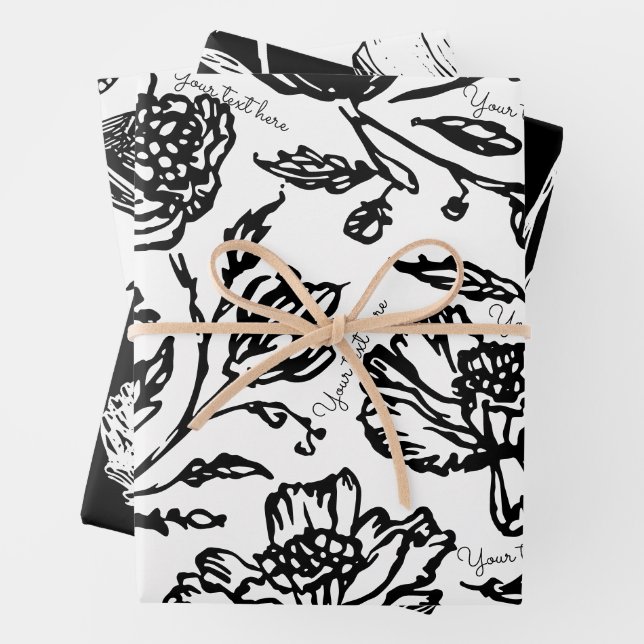 Custom Text Floral | Black and white Wrapping Paper Sheets (In situ)