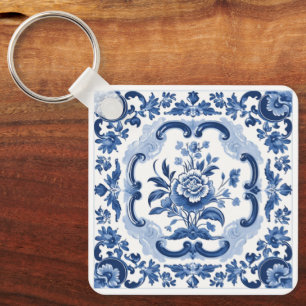 Custom Text Floral Dutch Tiles Pattern Keychain