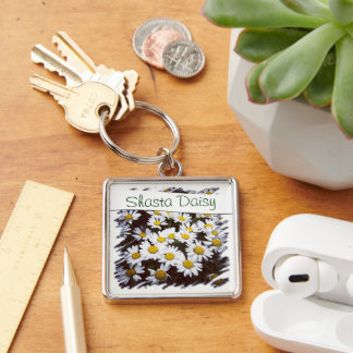 Custom Text Floral Shasta Daisy Flower Photograph Keychain