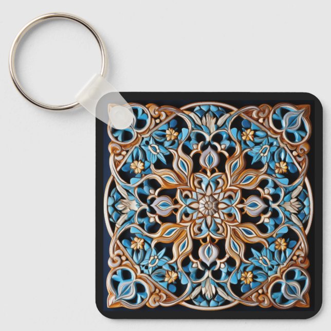 Custom Text Floral Tile Pattern Faux Ceramic Keychain (Front)