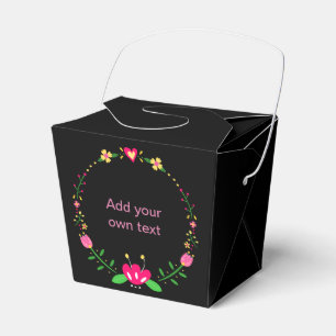 Custom Text Floral Wreath on Black Favor Boxes