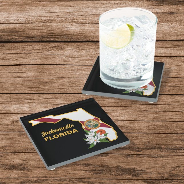Custom Text Florida Flag & Flower Orange Blossom Glass Coaster (Creator Uploaded)