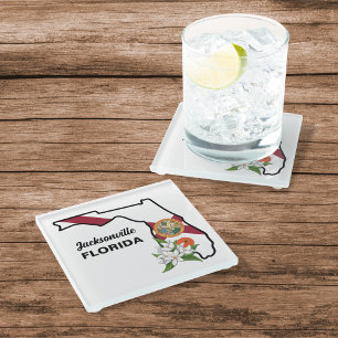 Custom Text Florida Flag & Flower Orange Blossom Glass Coaster