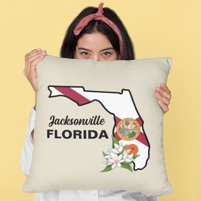 Custom Text Florida Flag & Flower Orange Blossom Throw Pillow (Creator Uploaded)