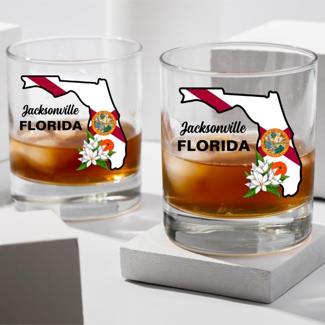 Custom Text Florida Flag & Flower Orange Blossom Whiskey Glass (Creator Uploaded)