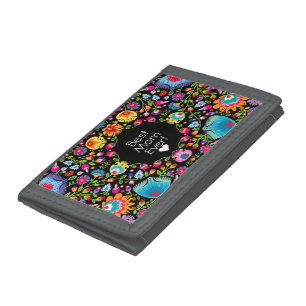 Custom text, folklore flowers tri-fold wallet