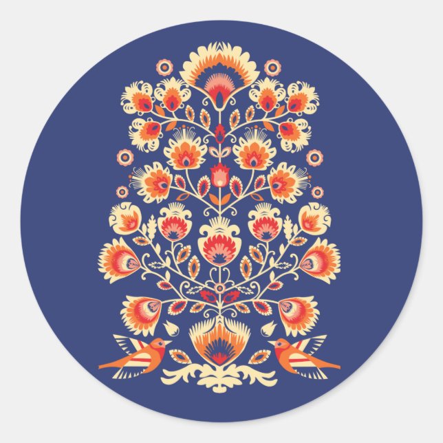 💙💛🧡Custom text Folklore with yellow flowers  Classic Round Sticker (Front)