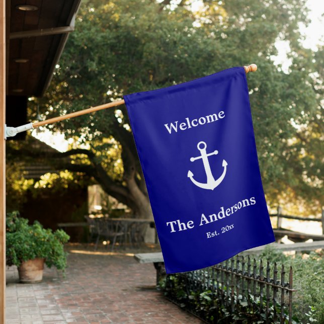 Custom Text for Nautical Family Est. Welcome House Flag (In SItu)
