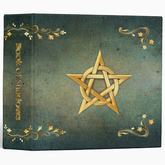 Custom Text Forest Green Gold Pentacle Shadows 3 Ring Binder (Front/Spine)