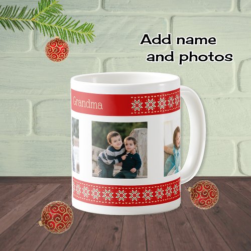 Custom text four photos christmas pattern coffee mug