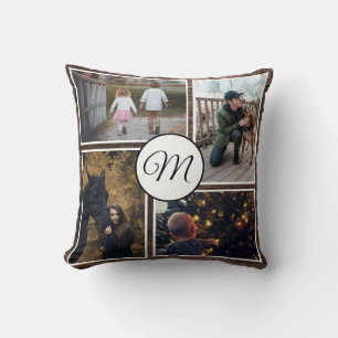 Custom Text/ Four Picture Collage Wood Pattern Throw Pillow