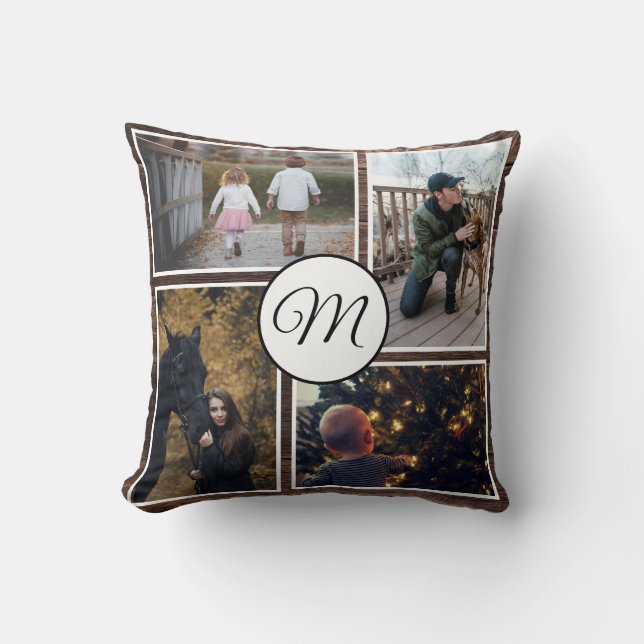 Custom Text/ Four Picture Collage Wood Pattern Throw Pillow (Front)