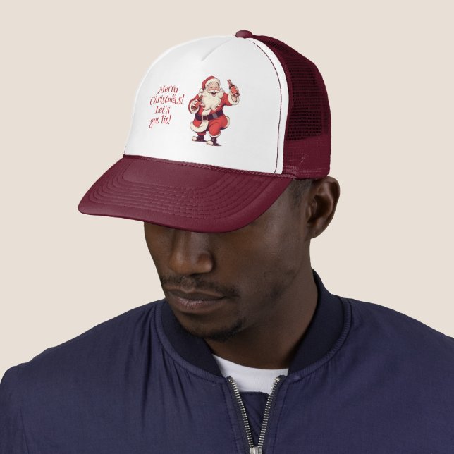 Custom Text Funny Drunk Santa Trucker Hat (In Situ)