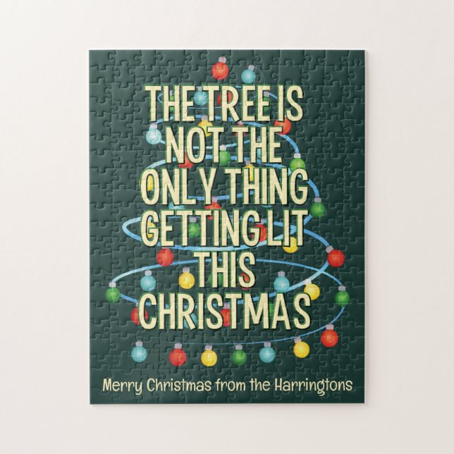 Custom Text Funny Lit Christmas Tree Jigsaw Puzzle (Vertical)