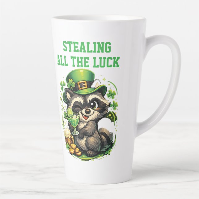 Custom Text Funny Raccoon St. Patrick's Day Latte Mug (Right)