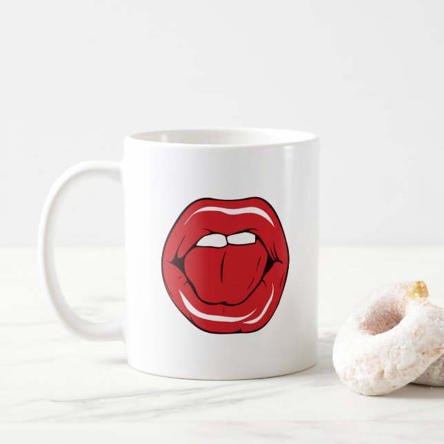 Custom Text Funny Red Lips Cartoon Mouth Coffee Mug (With Donut)