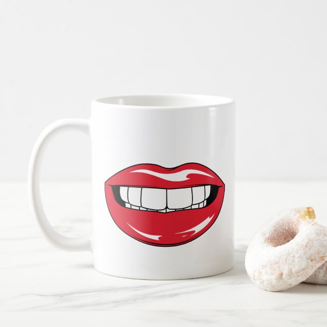 Custom Text Funny Red Lips Cartoon Mouth Coffee Mug (With Donut)
