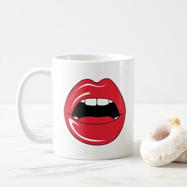 Custom Text Funny Red Lips Cartoon Mouth Coffee Mug (With Donut)